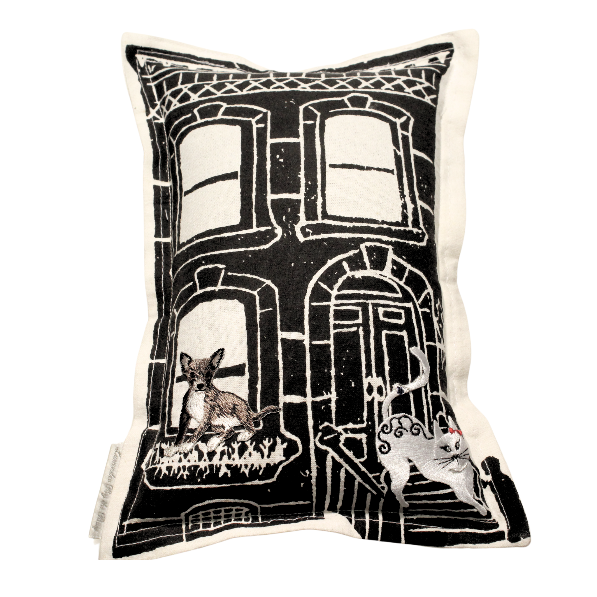 Lavender sachet with an embroidered  New York City buidling and furry animals