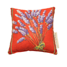 A square red Lavender sachet with an embroidered image of a bouquet of lavender flowers tied with a ribbon