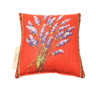 A square red dried Lavender sachet with an embroidered image of a bouquet of lavender flowers tied with a ribbon