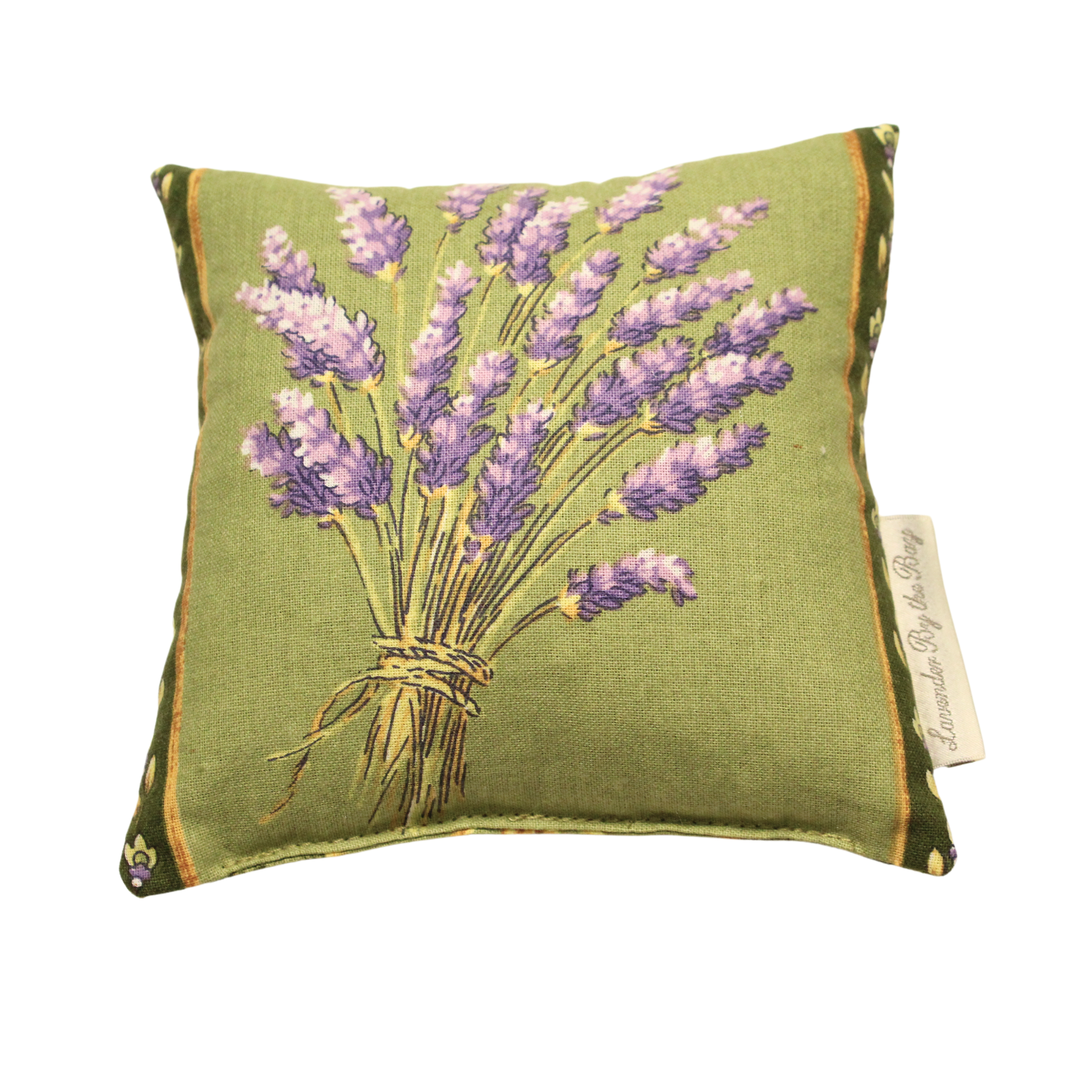 A square greensachet of lavender with an embroidered image of a bouquet of lavender flowers tied with a ribbon