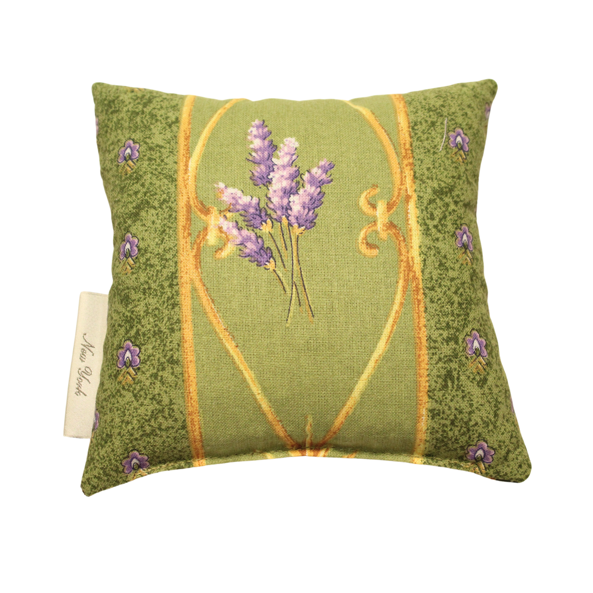 A square green sachet with an embroidered image of a bouquet of lavender flowers on a patterned background