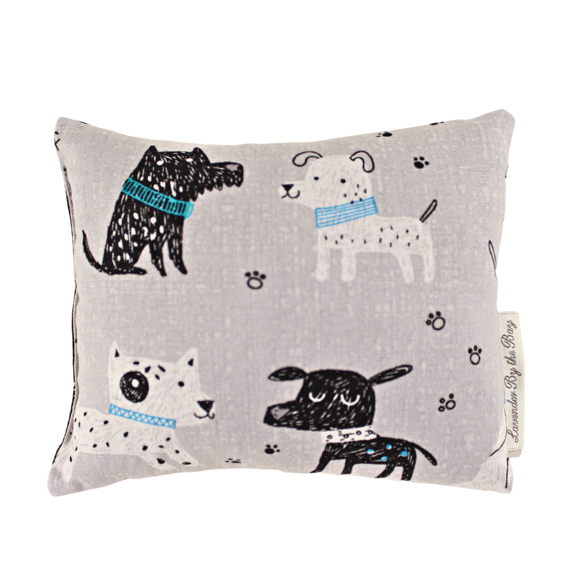 Handmade grey aromatherapy sachet filled with dried lavender, featuring embroidered black and white dogs