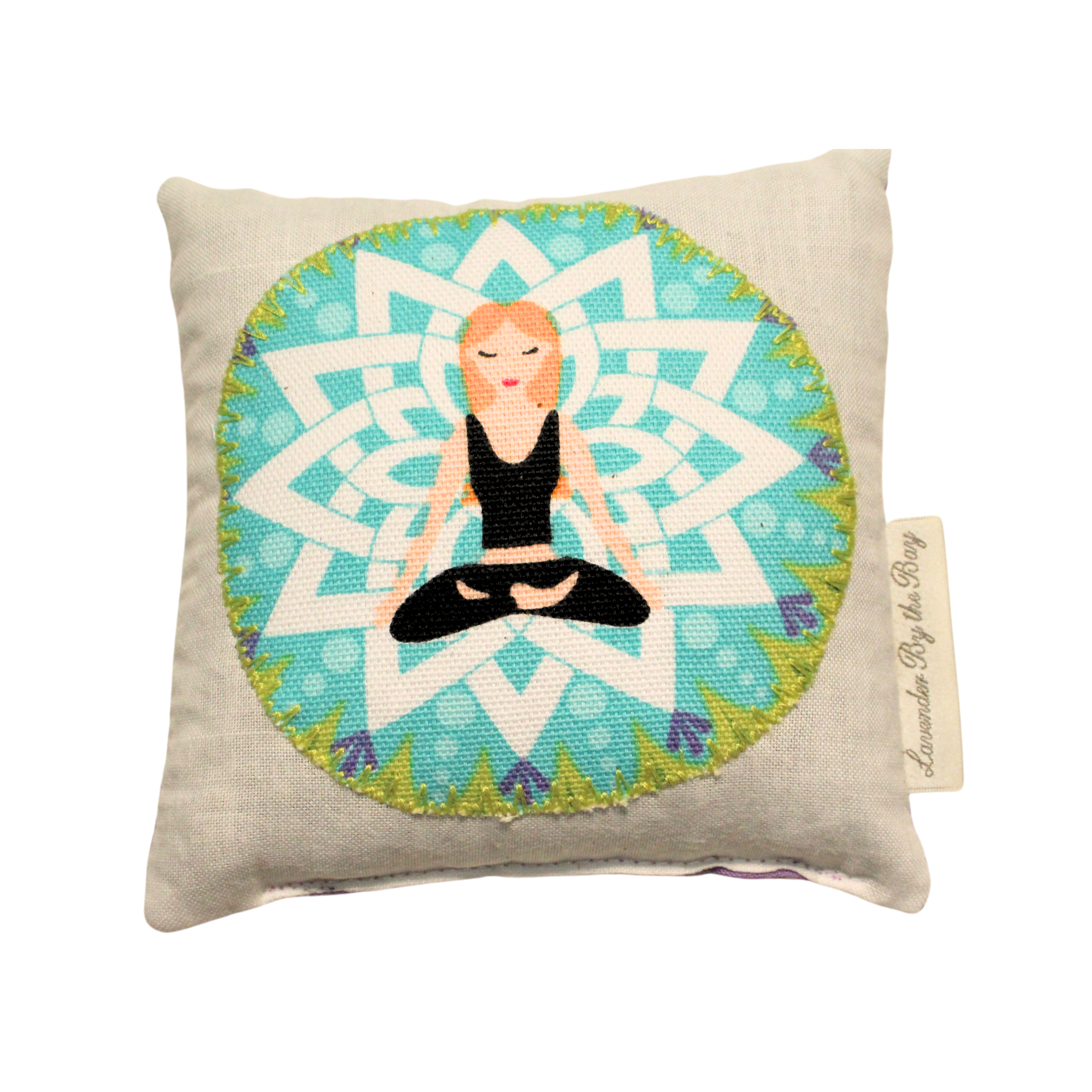 one of the Yoga Applique Sachets featuring a blonde girl sitting in a yoga pose 