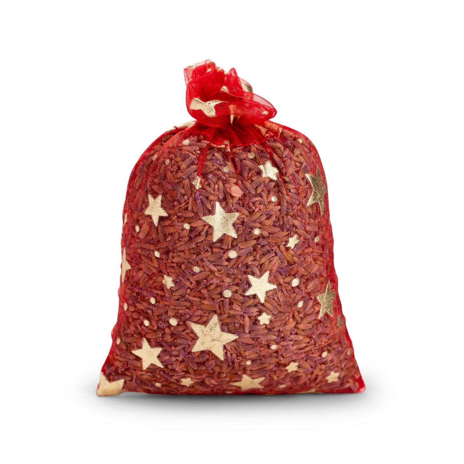 Sheer red sachet with gold stars